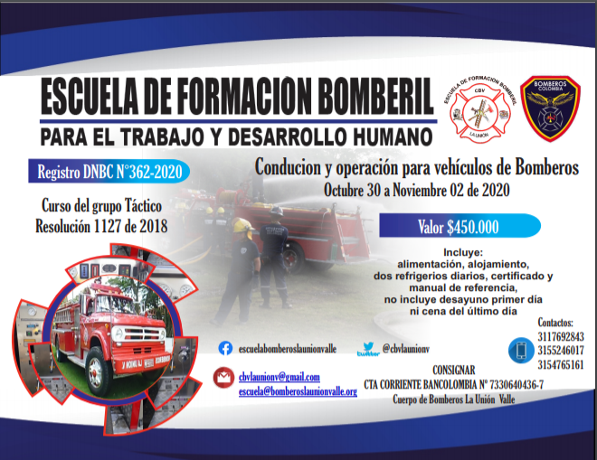 cbvlaunionv's tweet photo. Curso Táctico Conducción y Operación para Vehículos de Bomberos a realizarse los días treinta , treinta y uno de Octubre, uno  y dos  de noviembre en la Escuela de formación Bomberil del Cuerpo de Bomberos de la Unión Valle.
ENLACE PARA INSCRIPCIÓN
https://t.co/jxs4xTgMpg https://t.co/CVf2794362
