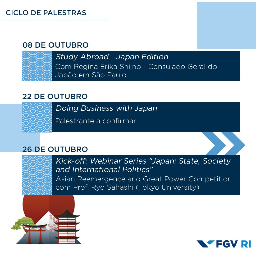 FGVRI's tweet photo. A FGV RI realizará um Ciclo de Palestras sobre o Japão durante o segundo semestre de 2020. Os eventos serão gratuitos, ao vivo, e contam com a participação de palestrantes de diversas universidades e instituições japonesas. Saiba mais sobre as inscrições: https://t.co/uMTNoccsj3 https://t.co/5kTZs3rJxs