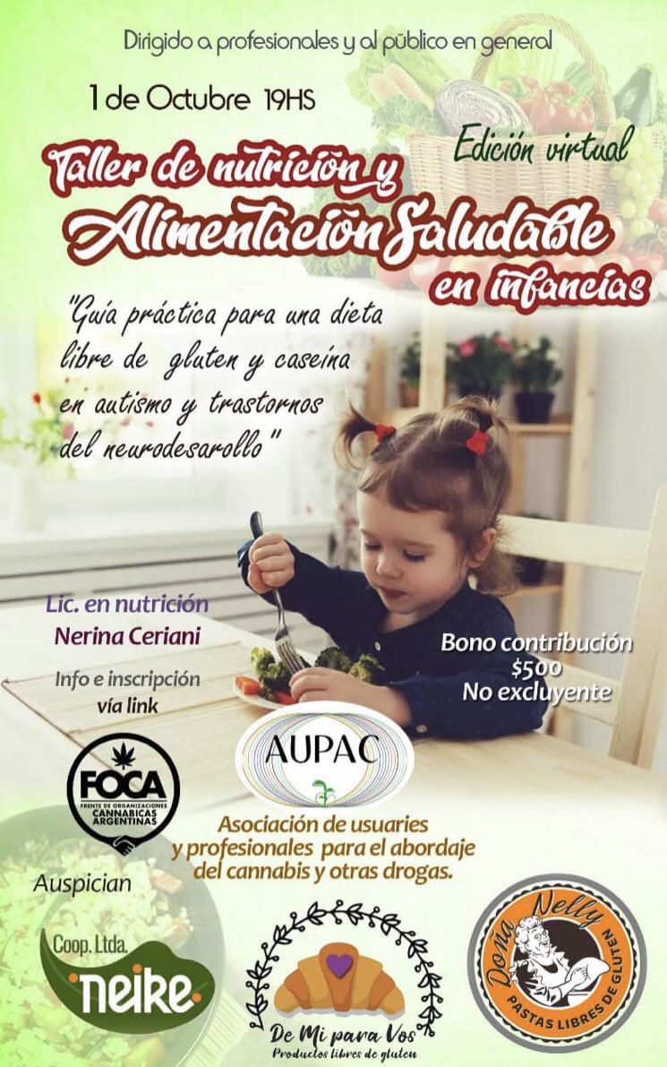 🗓 Hoy a las 19 🗓

🍓🥑 Taller de Nutrición y Alimentación Saludable en Infancias 🥑🍓

❗️Guía práctica para una dieta libre de gluten y caseína en autismo y trastornos del neurodesarrollo

📝 Información e inscripción en <a href="/Frente_FOCA/">FOCA</a>