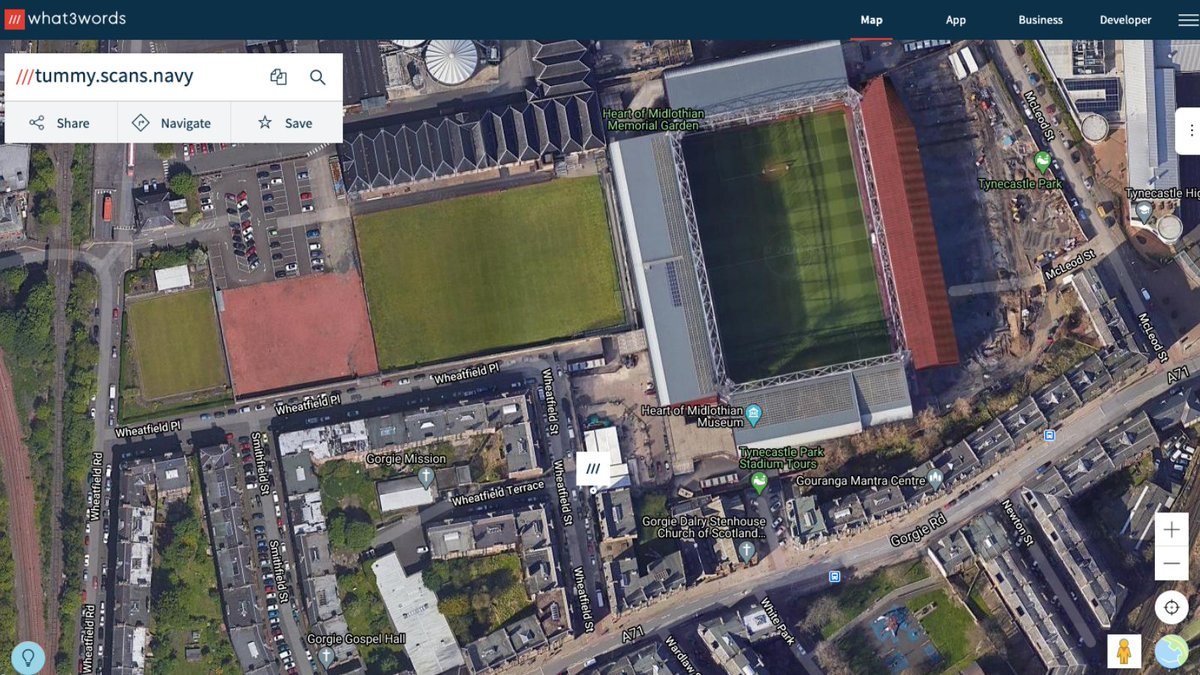 satellite image of what3words map site with ///tummy.scans.navy highlighted on map. midlothian hearts fc stadium can be seen in shot.
