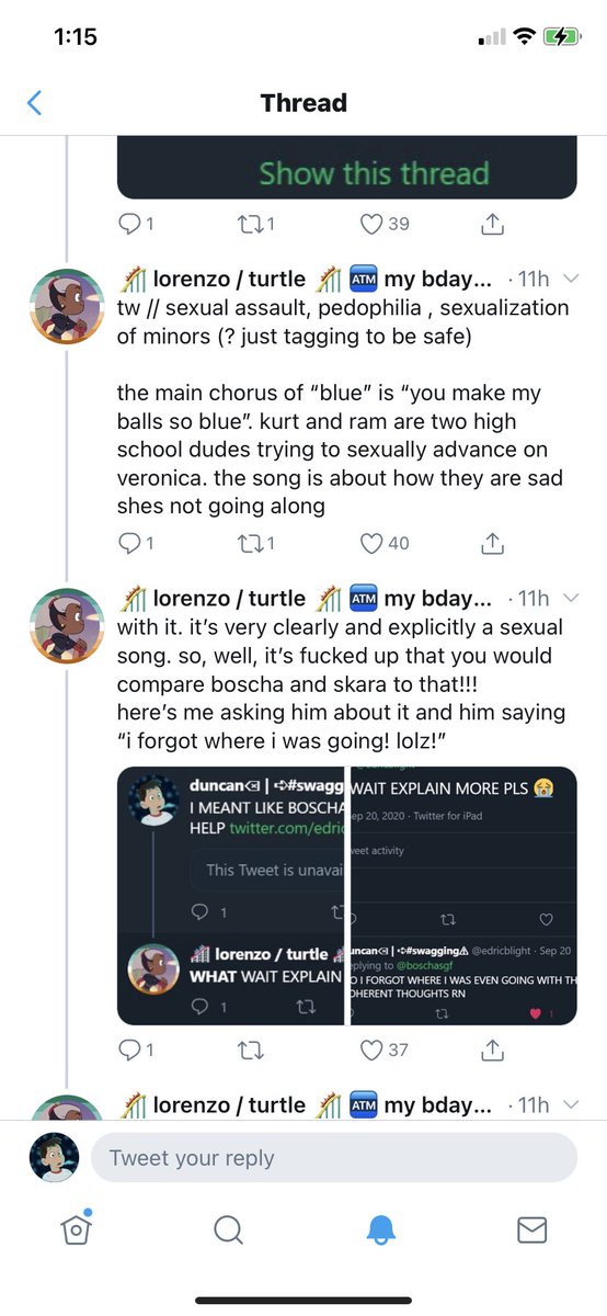 tw // sexual assault , sexualization of minors , nsfw so this part was extremely wrong of me because i failed to think about what exactly i was saying before tweeting. i’m sorry for having said any of it and lorenzo i am sorry for responding to you the way i did about that.