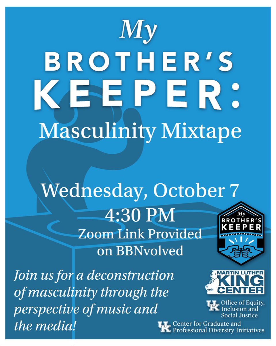 How do you define masculinity? This month's My Brother's Keeper conversation will examine what it means to be a man through music and other forms of media. Next Wednesday, Oct 7th, help us craft the perfect masculinity mixtape. Register here: ow.ly/kF8350BGRfZ