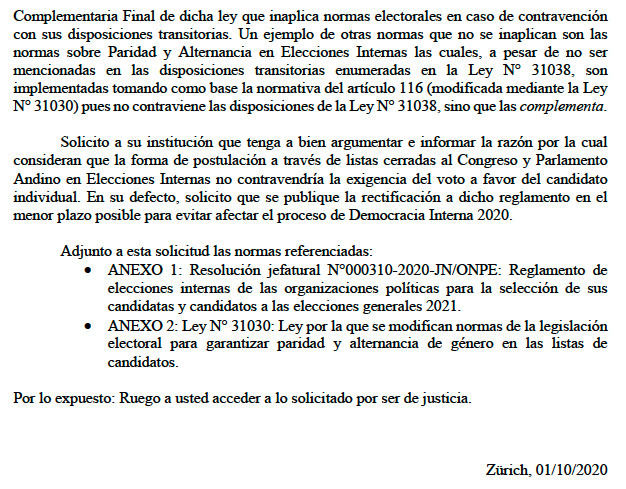n2nc2's tweet photo. 🇵🇪He remitido una solicitud a la @ONPE_oficial para que rectifique su Reglamento de Elecciones Internas pues contravendría la Ley 31030 que exige explícitamente q el voto sea a favor del candidato INDIVIDUAL. 
Por ello, postulación por lista cerrada al Congreso sería inadmisible. https://t.co/GCK7yO6gxI