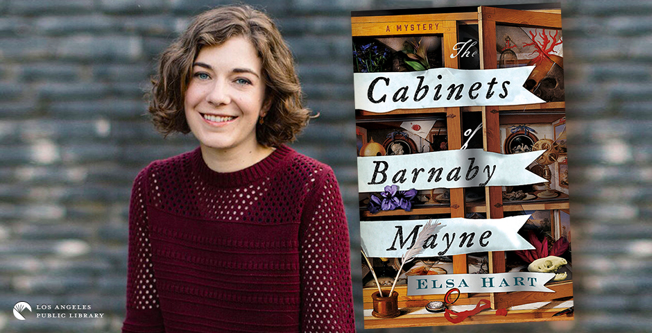 Author Elsa Hart and book cover of "The Cabinets of Barnaby Mayne"