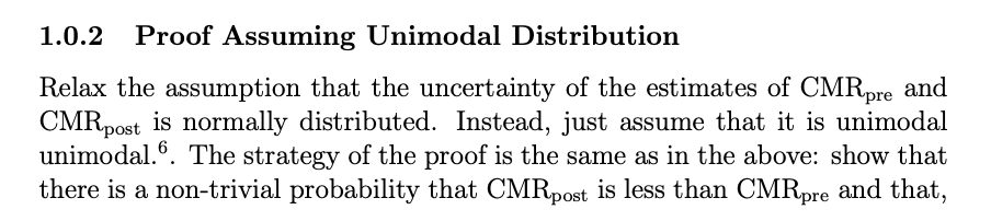 This is... quite a silly argument. Kane provides two mathematical "proofs"."Proof" #1 assumes that pre- and post- mortality rates are normally distributed."Proof" #2 generalizes this by assuming that pre- and post-mortality rates are unimodal.