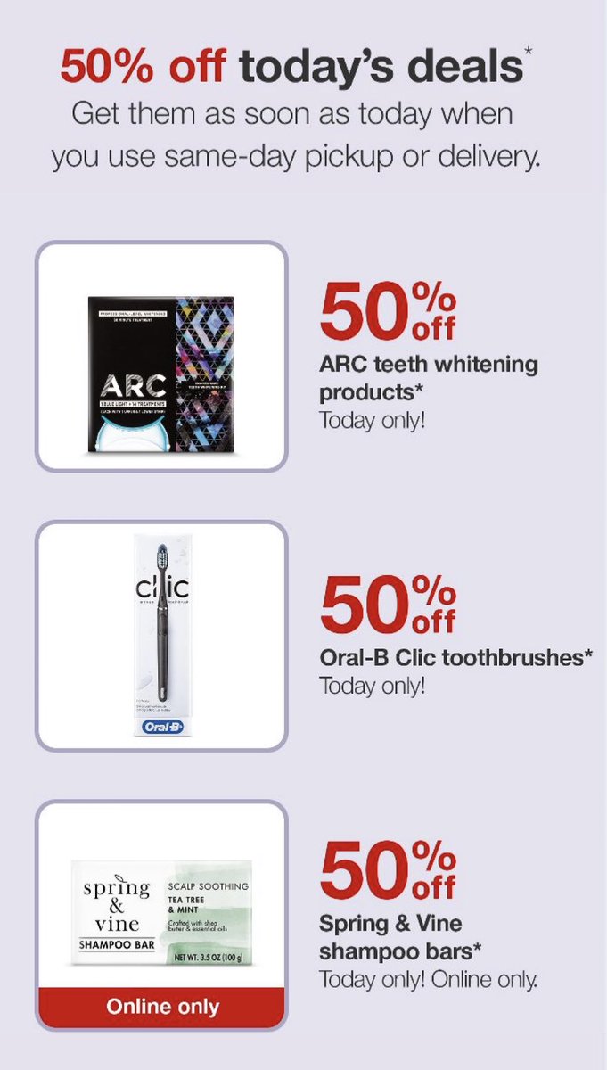 HillcrestTarget's tweet photo. ✨14 DAYS OF BEAUTY: DAY 5✨

50% off ARD teeth whitening 😁and Oral-B Clic toothbrushes 🦷 https://t.co/2uRF1myGNP