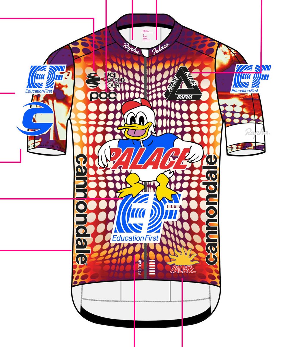 Vaughters's tweet image. Welcome to the future bike nerds. #palace #quack #mightyducks #Rapha