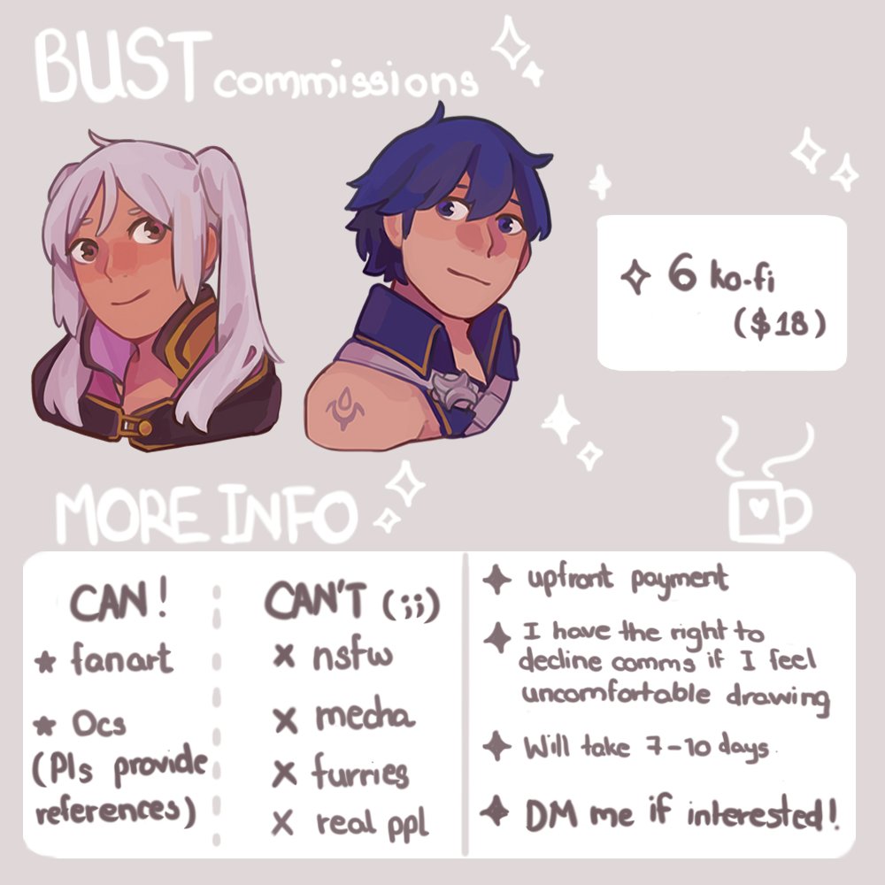 [RTs APPRECIATED]

My commissions are open again! I'll be offering the same style as last time. More info can be found in the link in my bio. If you're interested or have any question, feel free to DM me! 

#commissionsopen #artcommissions #ArtistOnTwitter 