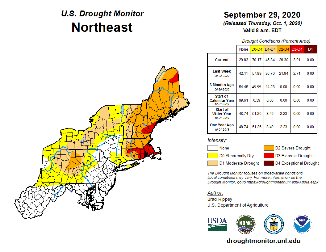 NOAANCEI's tweet photo. September 29: Moderate to extreme drought expanded from Pennsylvania to New England. Abnormal dryness expanded southward and now covers much of southern Pennsylvania. https://t.co/hs7rCpQMsY #DroughtMonitor #PAwx #MEwx #CTwx #VTwx #NHwx #NYwx #PAdrought #MEdrought #NYdrought https://t.co/5GpLoePAqH