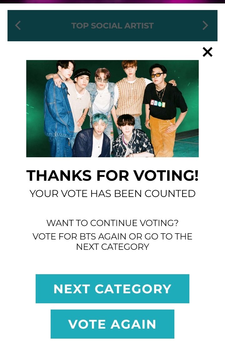 BBMAs Website Voting!!You must sign in with your twitter account/s and/or facebook acc/s, go to the TSA Category, look for BTS at top left and vote 10x.Link-->  https://www.billboard.com/bbmasvote 