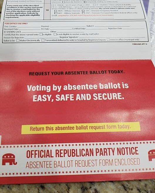 Data4Logistics's tweet photo. @samantha_zager @thea_mcdonald Hey @thea_mcdonald if voting by mail if fraud, why is the @gop sending out unsolicited absentee ballot request forms which clearly state that absentee voting is โeasy, safe, and secure?โ
I got this in the mail last week. So who is right, the @gop or @realDonaldTrump? #SpinThat https://t.co/67OB722dxk