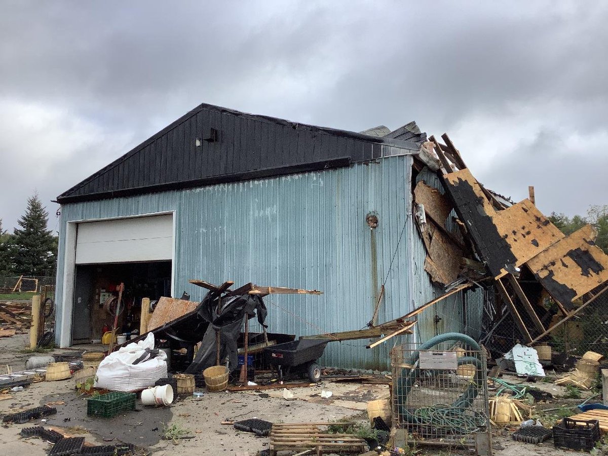 westernuNTP's tweet photo. The @westernuNTP storm survey team confirms that a brief tornado caused a narrow path of damage in the Strabane area of Hamilton, ON at 4:30 PM yesterday. Outbuilding destroyed, barn roof shifted/damaged, trees snapped, truck overturned. Max wind of 150 km/h, rated EF1. #ONstorm https://t.co/7JDEbLsnq2