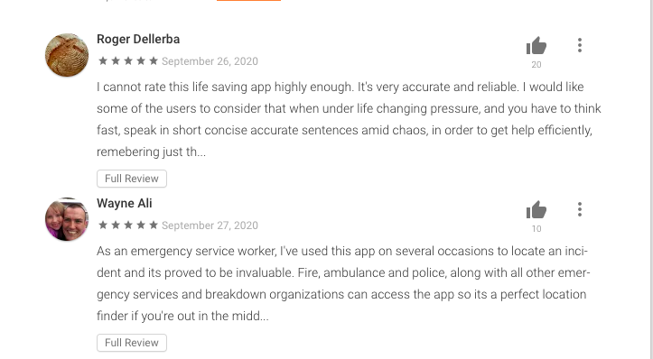 Two positive reviews on from GooglePlay - both rating what3words five stars