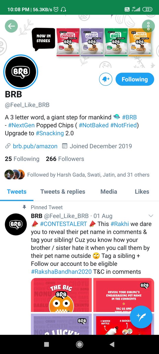 amanrathore178's tweet image. 1) BRB Solo Pack [23g]
2) BRB Squad Pack [52g]

#NotBaked #NotFried  #glutenfree 
#munchies #luckywinner
@Feel_Like_BRB

JOIN
@SJ_0016 
@Fahim6t 
@kgarg25 
@SJ_0016 
@imPalak18 
@Meenusettu 
@Rekha_i_am 
@pavansmehta 
@jashjain007 
@coolkishore59 
@gouravlz