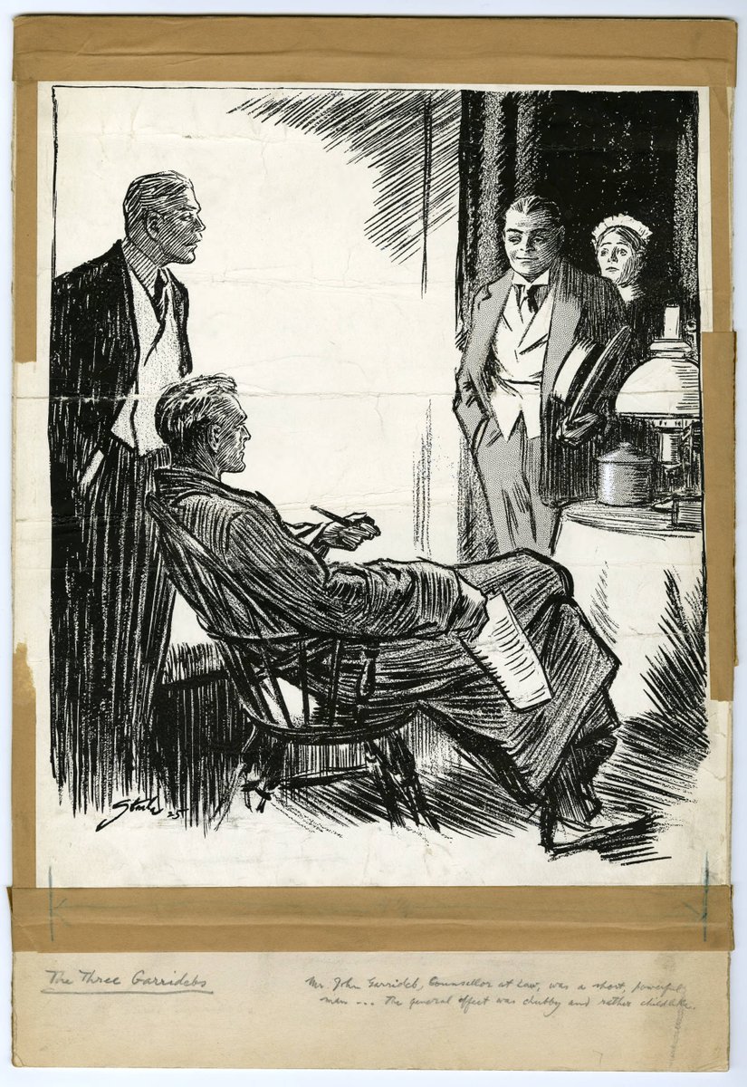 This FDS drawing for "The Three Garridebs" appears to have been folded a number of times. Why? We're also drawn to the text that "Mr. John Garrideb, Counsellor at Law, was a short, powerful man...The general effect was chubby and rather childlike." Hmmm.  http://purl.umn.edu/99148 
