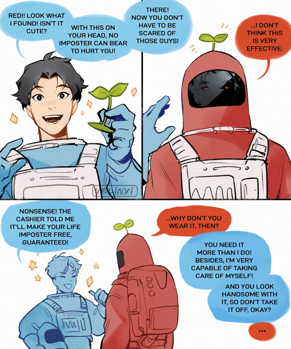 [among us] blue crewmate and his red imposter friend that stalks him to protect him from other imposters, part 3

why the crewmates use accessories 