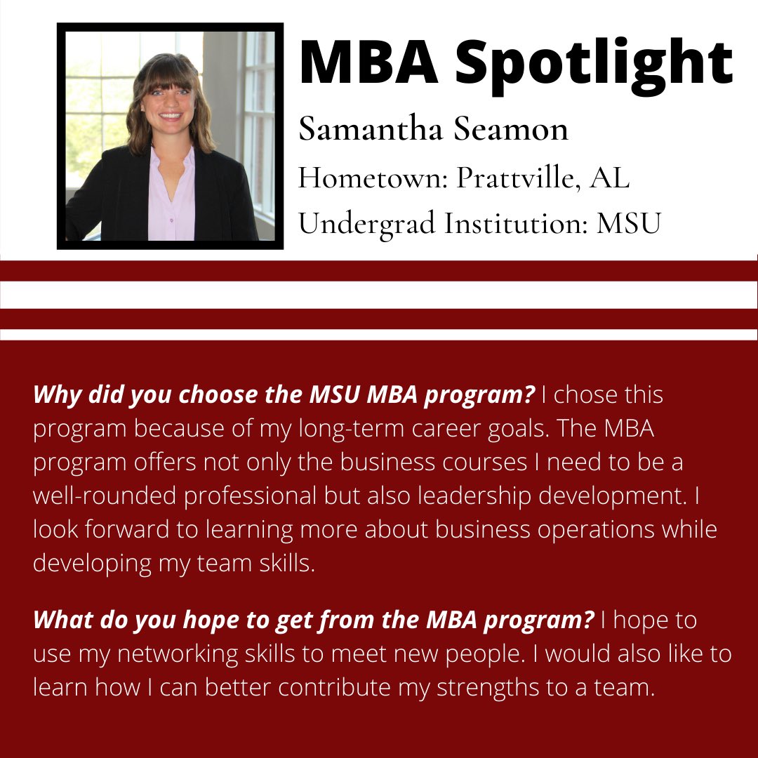 MSStateMBA's tweet image. Our next student spotlight is Samantha Seamon! Samantha graduated from MSU with a degree in Forestry, and she is pursuing a career in the private forestry industry. Check out why she chose the MSU MBA program! #msstatemba