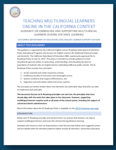 Check out this great resource from <a href="/CADeptEd/">CA Department of Education</a> Teaching Multilingual Learners Online in the CA Context. Guidance on Embracing and Supporting Multilingual Learners During Distance Learning cde.ca.gov/sp/el/er/docum… <a href="/DLELnetwork/">DualLangNetwork</a> <a href="/ELnetworkSD/">ELnetworkSDCOE</a> <a href="/DualLangChat/">DualLangChat</a> <a href="/CAellchat/">California ELLChat</a>