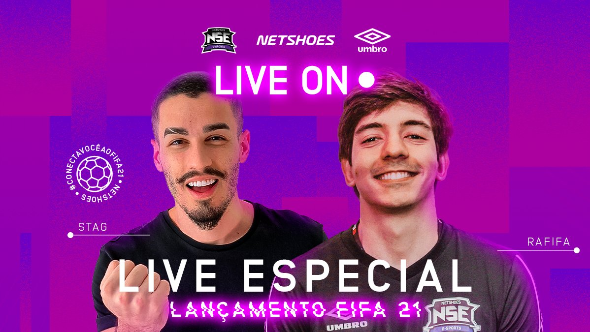 NetshoesESports's tweet photo. ✅LANÇAMENTO DO #Fifa21  + LIVE ESPECIAL DA @sigaNetshoes e @UmbroBrasil 

LIVES ON! Começou a disputa! 👀

Acompanhe todas as novidades e participe dos desafios ao vivo!

📺 https://t.co/bI921Qwa5o
📺 https://t.co/k6LZNvaNb3

#GoNSE #GoStag #GoRafifa #ConectaVocê https://t.co/XlSwSS1DEi