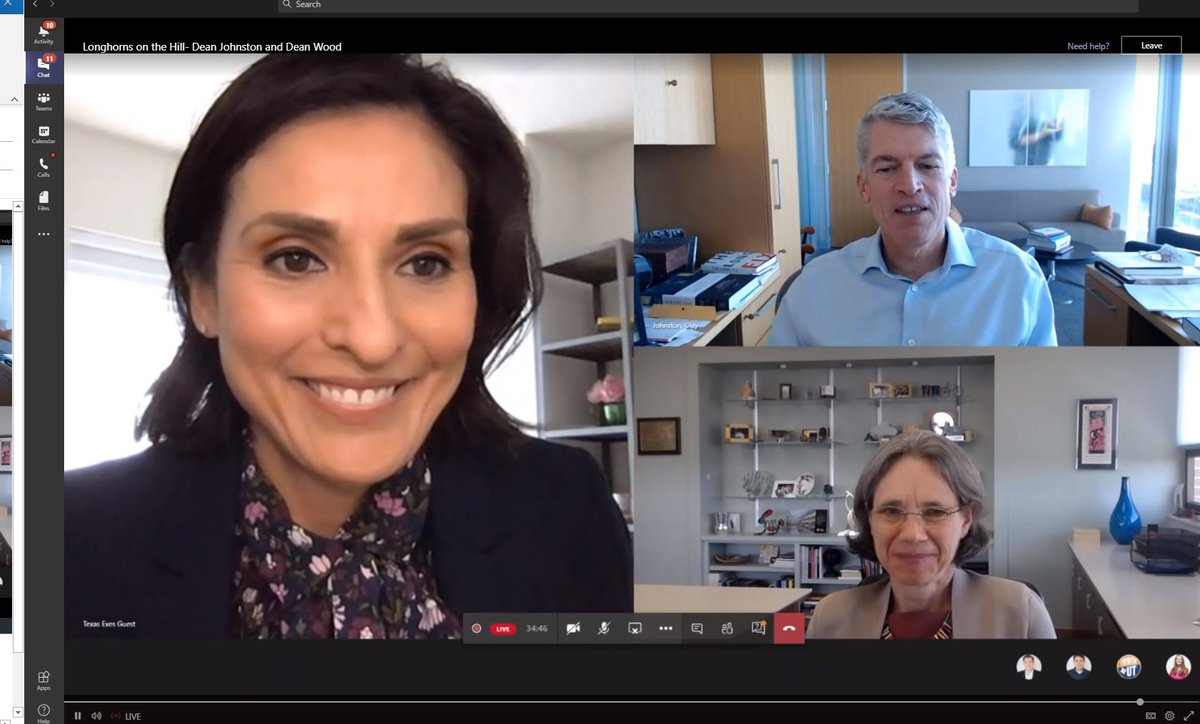 JamiePuryear's tweet photo. #UTchangedmyworld  And it changed your world, too. Currently listening to Dean @SharonLWood and Dean 
@ClayDellMed talk about about 3D printed masks and ventilators as part of virtual Longhorns on the Hill! Moderated by Outstanding Young Texas Ex recipient @RosaFlores https://t.co/Rf76NtbdnV