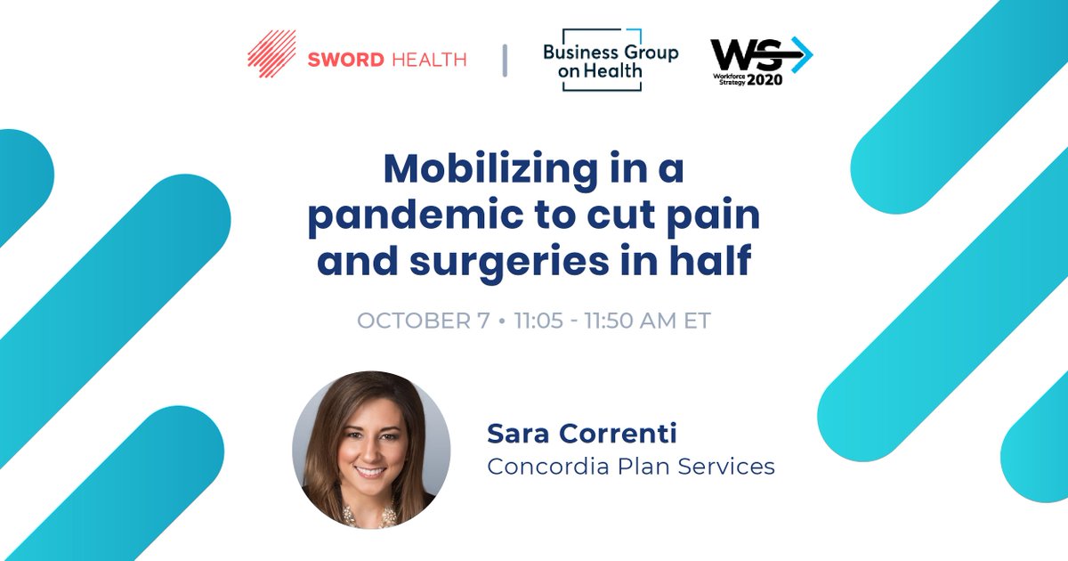 SwordHQ's tweet photo. Don’t miss our session at #WorkforceStrategy2020! Sara Correnti of @ConcordiaPlans will share how SWORD has helped her members slash surgery intent, pain and medication use, and improve their mental health and productivity, in just 8 weeks. #MSK https://t.co/QrbVHqmmU5 https://t.co/1VpIDLwhvp