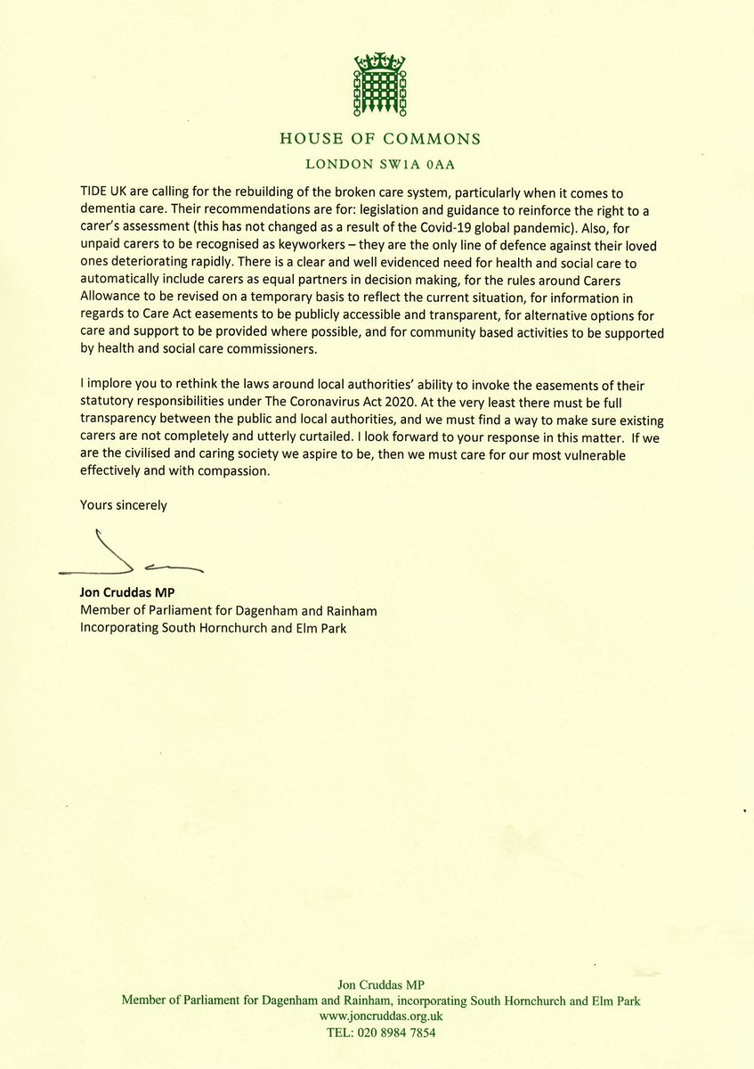 Today I wrote to <a href="/MattHancock/">Matt Hancock</a> urging him to reform the care system, and rethink the law around local authorities ability to invoke easements of their statutory responsibility under the #CoronavirusAct. Thank you to <a href="/janis_cottee/">Janis Cottee</a> <a href="/tide_carers/">tide - together in dementia everyday</a> for raising this issue with me.