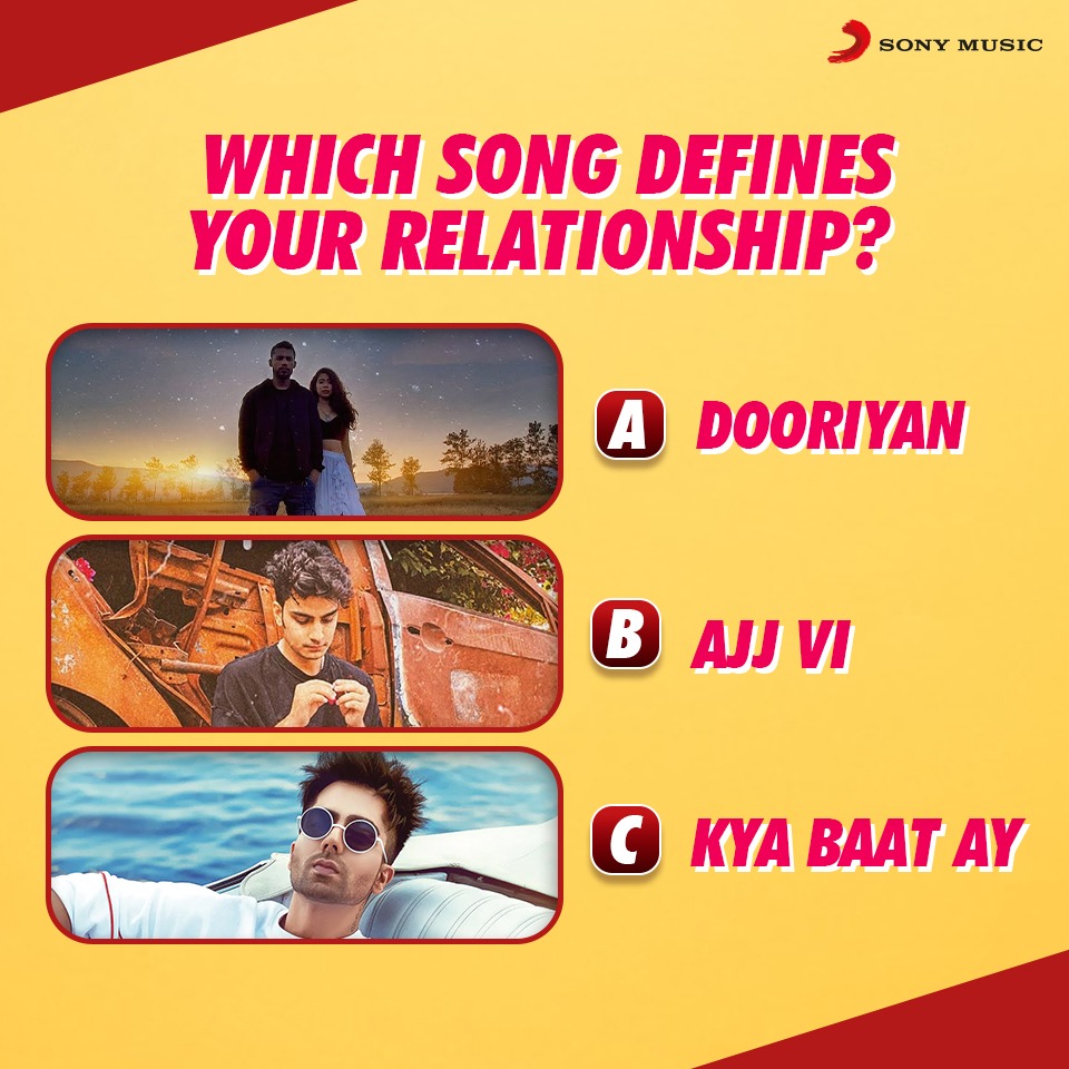 Sony Music North (@sonymusicnorth) on Twitter photo Which song sings the tune of your heart? ❤️
#dooriyan #ajjvi #kyabaatay
<a href="/dinojimmyy/">Dino James (Unofficial)</a> <a href="/rishallyours/">RISH</a> <a href="/HARRDYSANDHU/">Harrdy Sandhu</a> Which song sings the tune of your heart? ❤️
#dooriyan #ajjvi #kyabaatay
<a href="/dinojimmyy/">Dino James (Unofficial)</a> <a href="/rishallyours/">RISH</a> <a href="/HARRDYSANDHU/">Harrdy Sandhu</a>