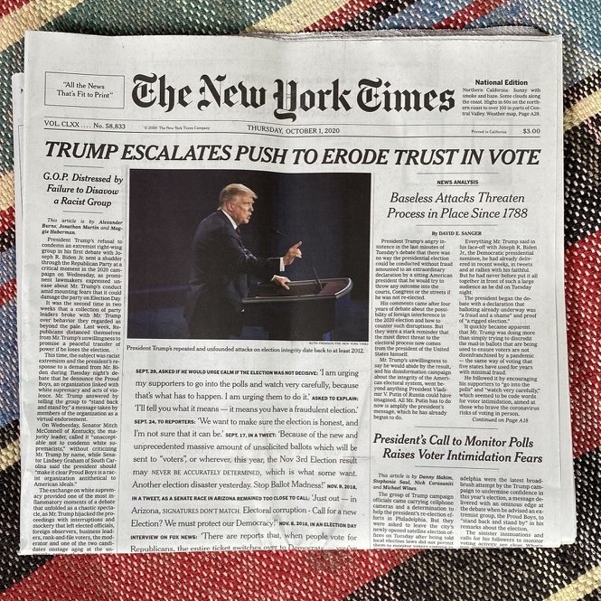 NY Times headline: Trump Escalates Push to Erode Trust in Vote