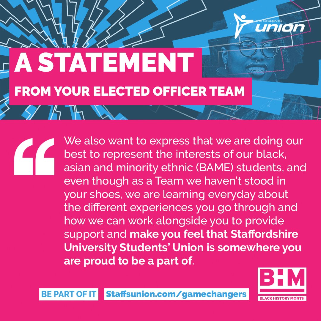 A message from your Elected Officer Team for #BlackHistoryMonth and an invitation to our students from Black, Asian and Ethnic Minority (BAME) backgrounds to get involved in and tell us how we can make them feel proud to be a part of @staffsuni ➡️ loom.ly/V6DvsEs