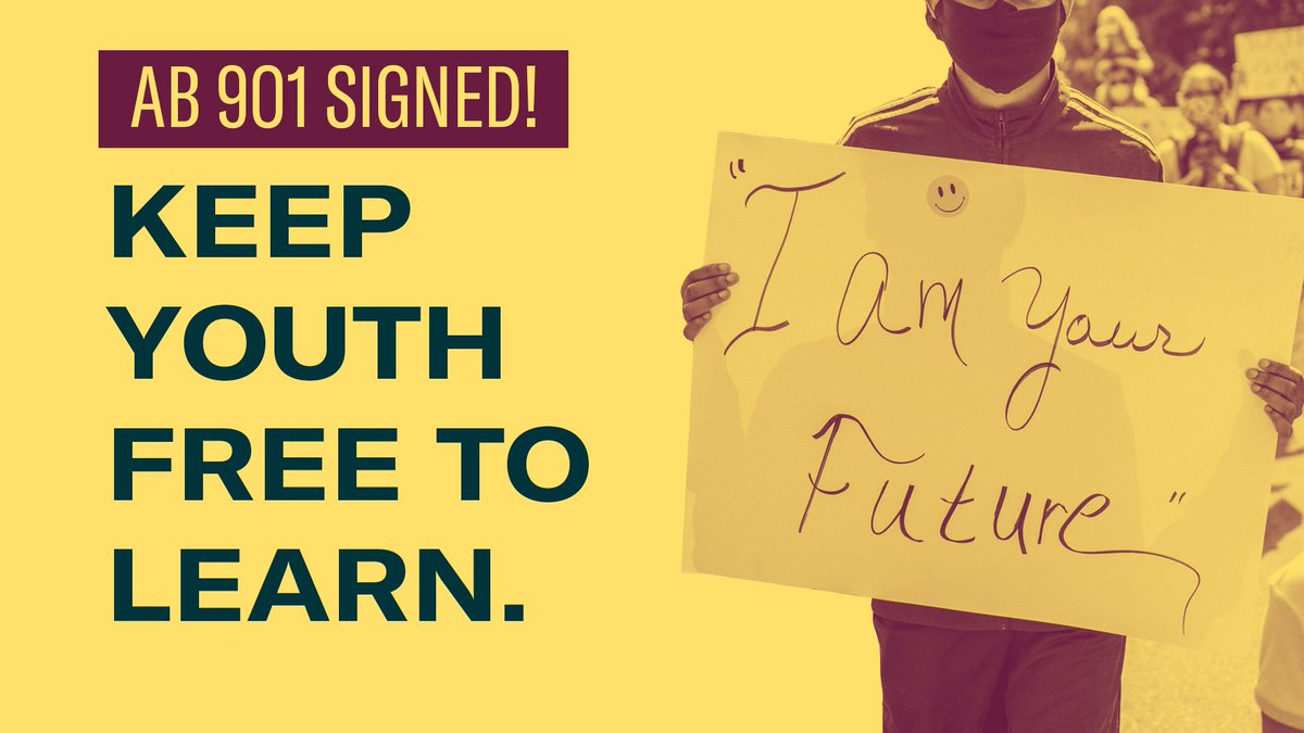 ACLU_CalAction's tweet photo. VICTORY‼️
Gov. @GavinNewsom signed #AB901, a bill that ensures youth are referred to the right community-based programs to help them succeed instead of pushing them into the criminal legal system via probation.
TY to all the advocates who took action & called their lawmakers! https://t.co/7ajfpKKO8a