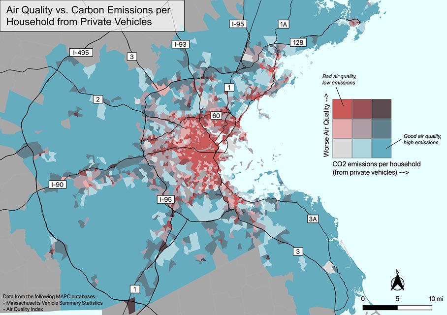 Although people who live in Boston's urban core contribute fewer CO2 emissions from private vehicles, they experience worse air quality. a thread:(maps are OC, data is from  @MAPCMetroBoston)