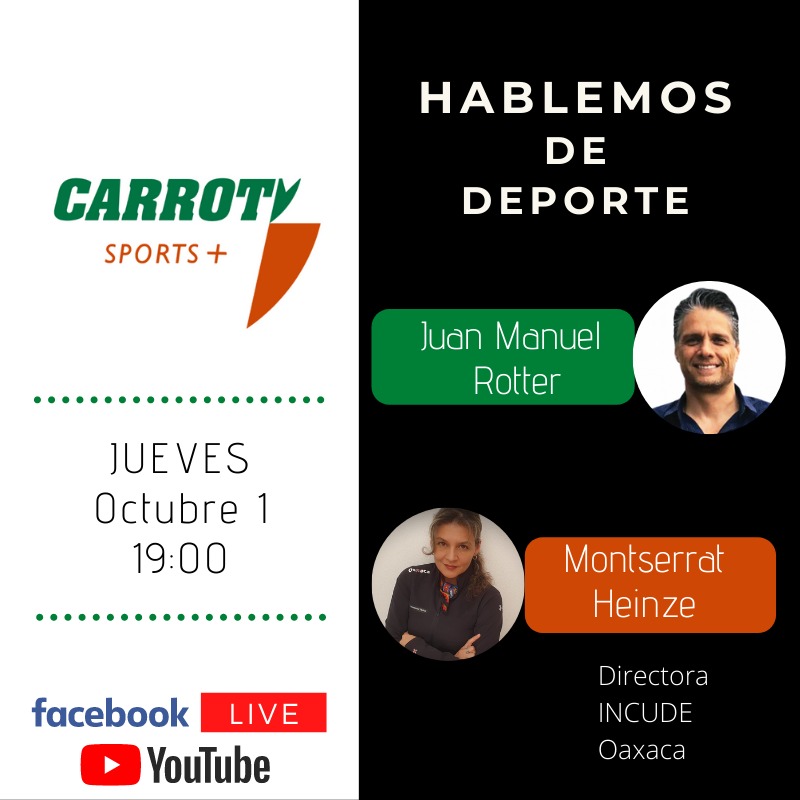 Hoy en punto de las 19:00 horas, acompáñanos a hablar de deporte con la directora del #INCUDEOaxaca, <a href="/MontseHeinze/">Montserrat Heinze</a> y <a href="/jmrotter/">Juan Manuel Rotter</a> de <a href="/CarrotvSports/">Carrotv Sports +</a> síguenos en la transmisión en vivo por: facebook.com/CarrotvSports. 
#Oaxaca 
#CrearConstruirCrecer 
<a href="/alejandromurat/">Alejandro Murat</a>
<a href="/IvetteMurat/">Ivette de Murat</a>