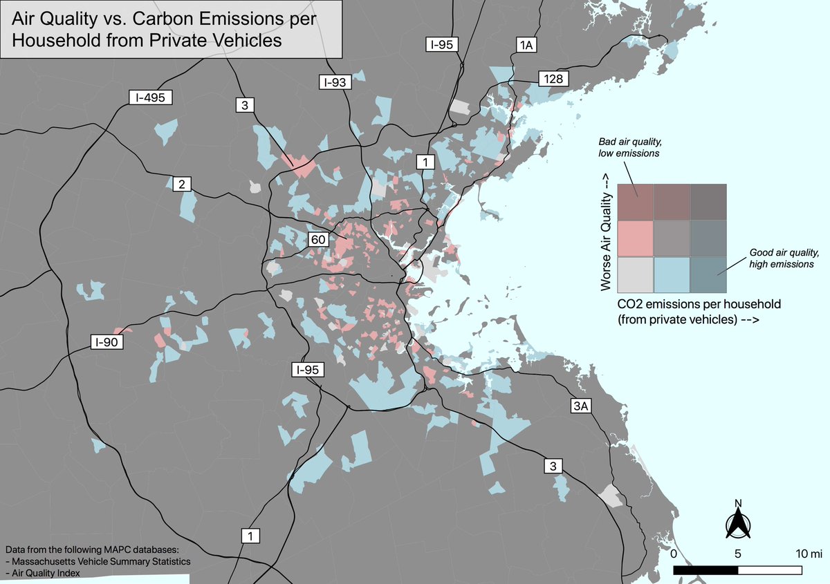 Areas with good air quality AND low emissions (the light gray tracts) are hard to come by, but some inner suburbs have relatively low measures of at least one of the two metrics.