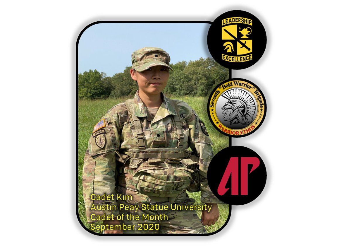 Austin Peay State University, Cadet of the Month

Cadet Kim stood out from her peers by volunteering and leading by example. Although new to the program, she has already been selected to the Ranger Challenge team, is a peer tutor and a member of the APSU E-Sports team.