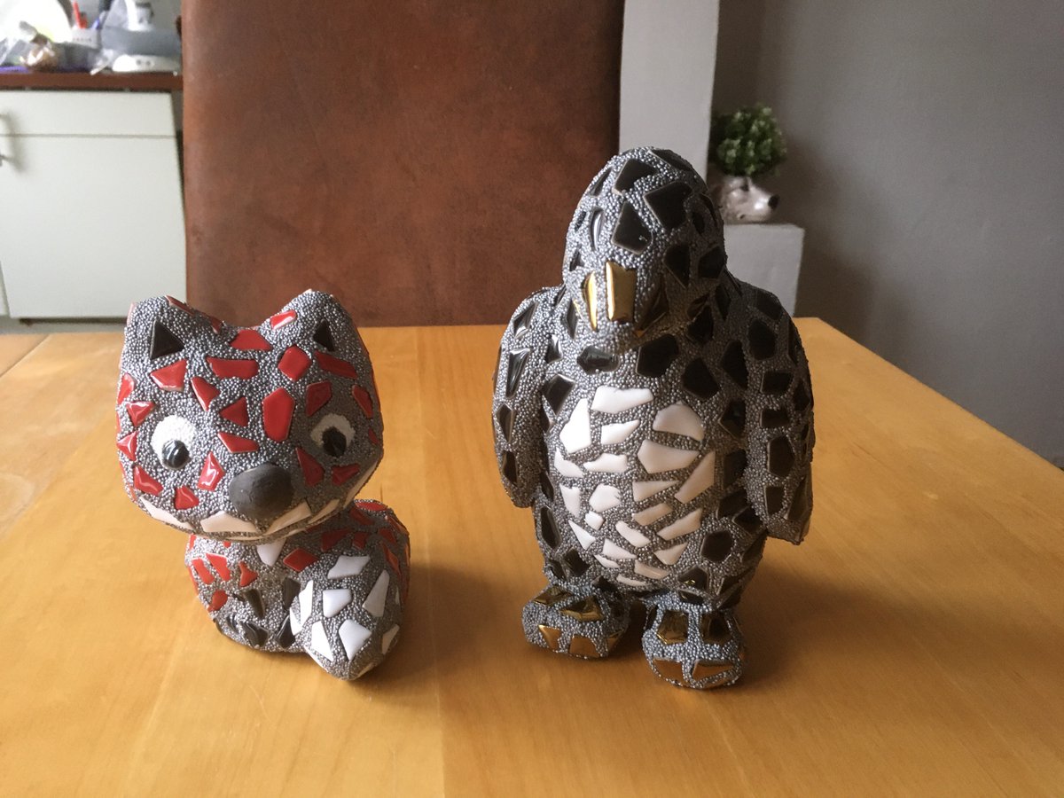 Today, these two left the nest. The penguin is joining a family of other penguins - where the fox will live, I am not sure. Hopefully somewhere awesome. 🐧💕🦊 #gifts #PapierMache #Mosaic #FoamClay #ArtByTouch