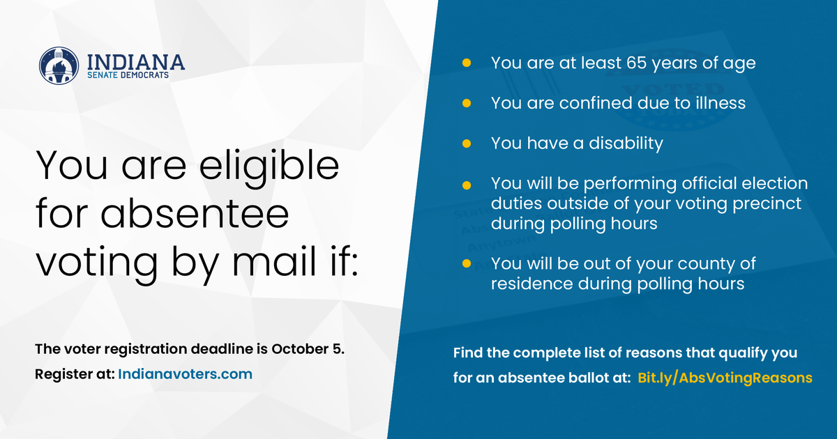 SenMarkStoops's tweet image. There's only four days left to register to vote! Check out this handy guide to see if you are eligible to vote absentee and go to IndianaVoters.com to confirm your registration. Make sure to request your ballot before the October 22nd deadline if you plan to do so