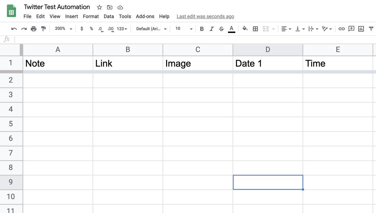  Create & format your Google SheetBefore you build a Zap, I recommend you create & format your Google Sheet.This will save you a ton of headaches.As you can see in the image below, you should name 5 columns:  Note Link Image Date  Time