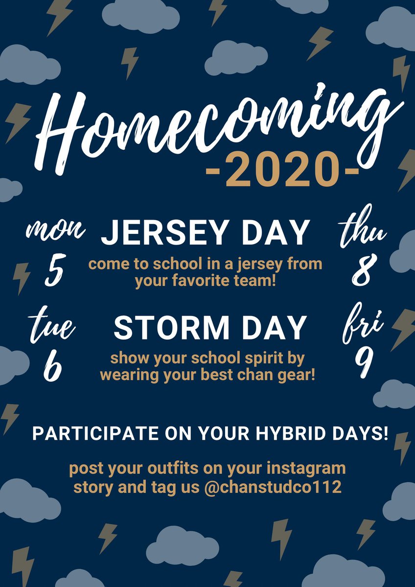 Hi Chan!! Although we are unable to have a dance this year, homecoming week is still on for next week!! Show your school spirit by dressing up on your hybrid days and  tagging us on instagram! Virtual hoco royalty and the football game livestream will also be next week! 💙🌩💛🌩