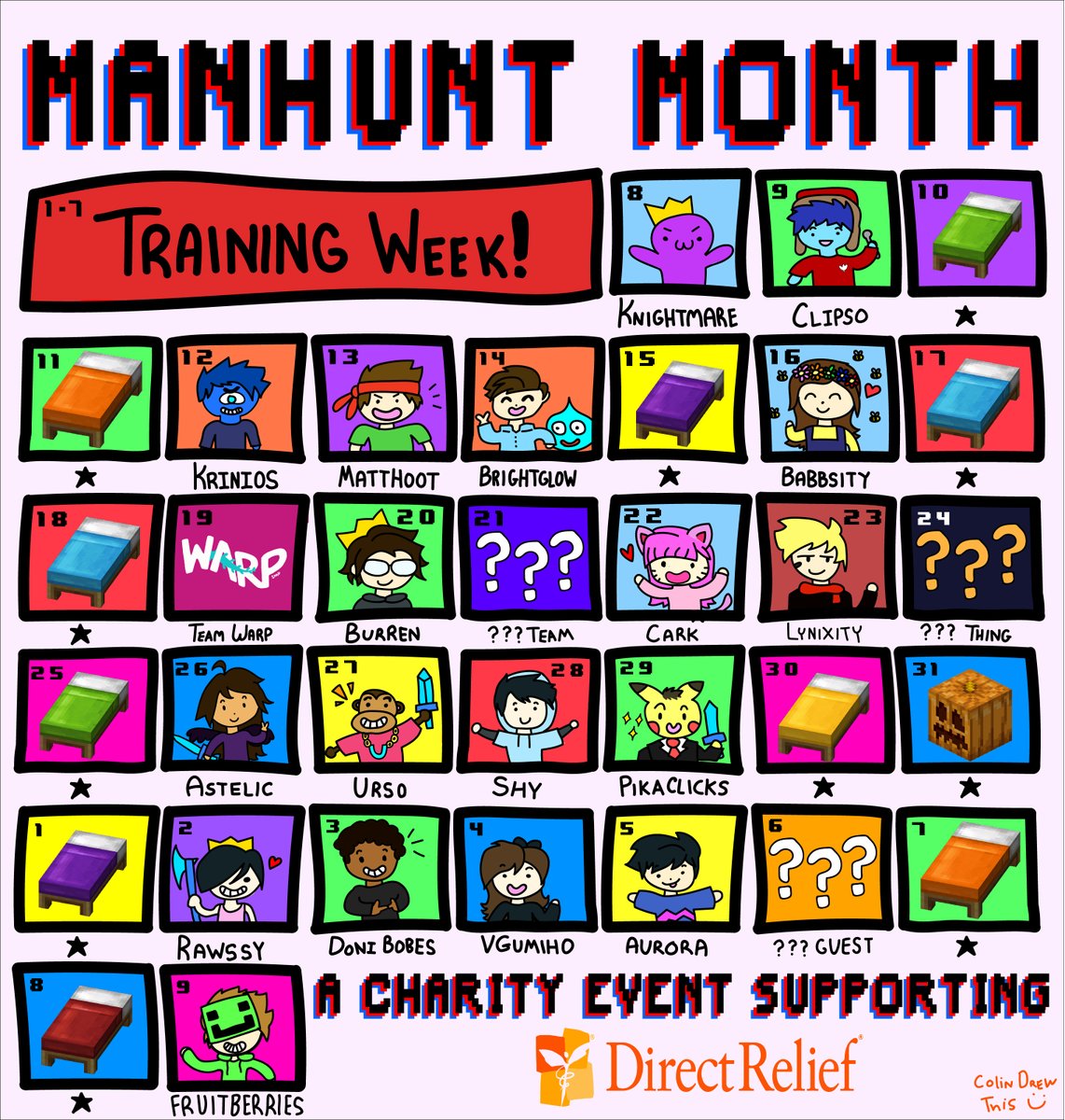 WELCOME TO MANHUNT MONTH EVERYONE! 🎃⚔️

For the entire month of October, I'll be playing Minecraft Manhunt LIVE with dozens of your favorite creators, with all of the proceeds going to support Direct Relief for Covid-19!❤️

Here's the schedule for the entire campaign: 🗓️