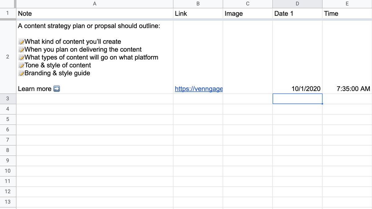  Add some test dataNext add some fake/test data to each of the columns Note - Text to share Link - Link to article/blog post Image - Link to image, if needed Date - Date to share Time - Time to shareThis will make setting up your Zap much easier.