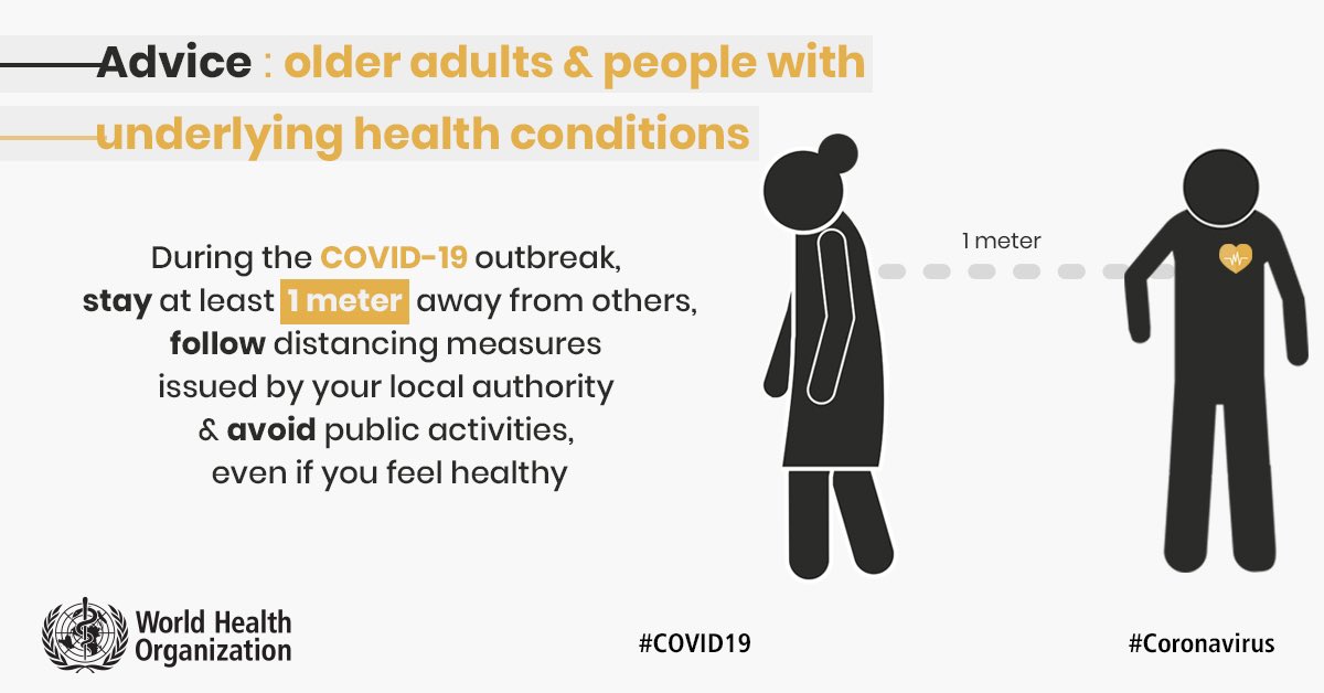 For those over 60 & people with underlying health conditions, keeping your physical distance is advised. Stay at least 1 meter away from others  Decline  visits during the  #COVID19 outbreak  Alternatively, socialize by phone everyday with friends or family