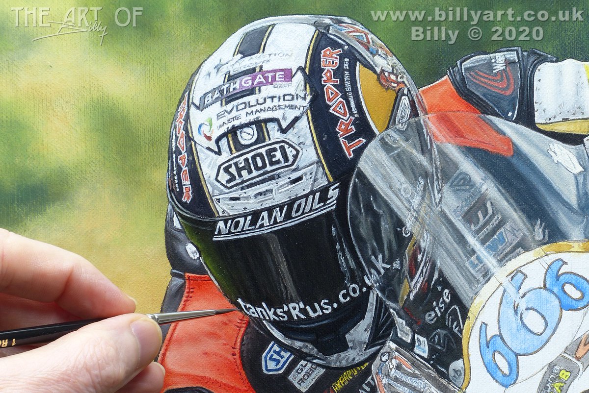 Billyartist's tweet image. Here is a detail of Peter Hickman's Shoei helmet on my oil painting from the 2019 Ulster Grand Prix on the Trooper Triumph - Onto the bike next 🖌️🎨🏁🏆