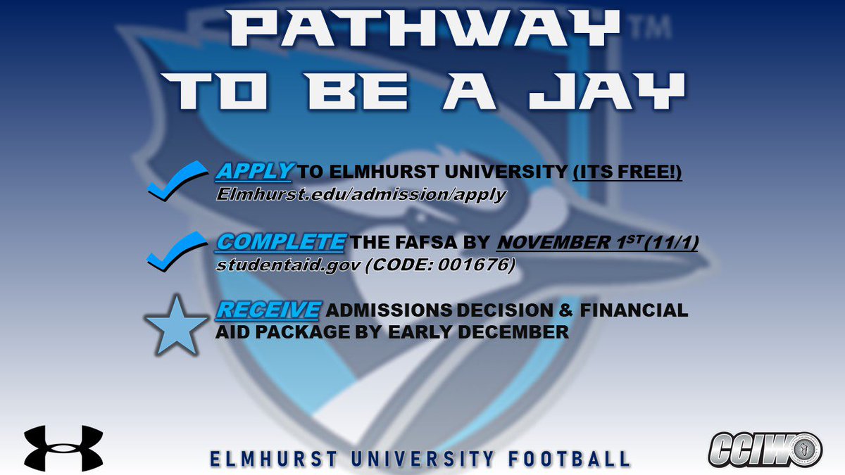 ElmhurstU_FB's tweet photo. 🚨RECRUITS🚨

Here’s YOUR path to becoming a Jay! 
• 𝐀𝐩𝐩𝐥𝐲
• 𝐂𝐨𝐦𝐩𝐥𝐞𝐭𝐞
• 𝐑𝐞𝐜𝐞𝐢𝐯𝐞

#DoMore #BlueCollar https://t.co/cGXYuXocUI