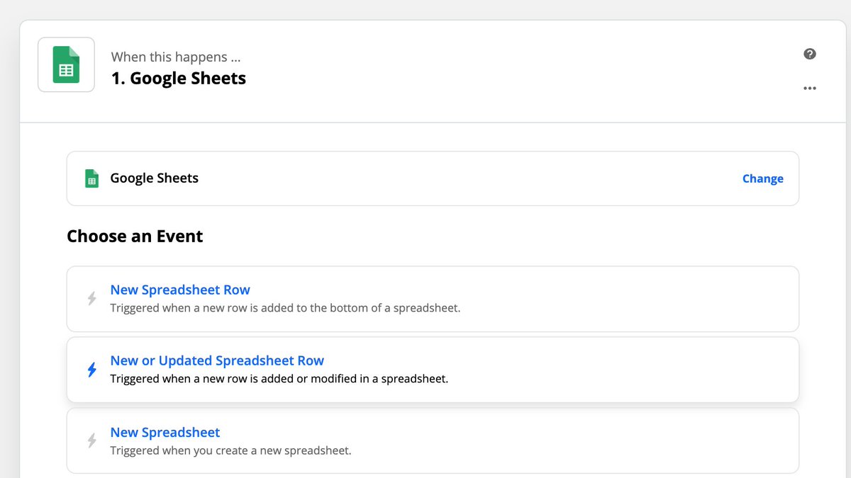  Set up your Google Sheet stepNow we can start setting up the actual Zap! Select "New or Updated Row" as the trigger Select the right Google Sheet Select the right Worksheet Set the trigger columnI usually leave the trigger as "Any Column"Then click Continue!