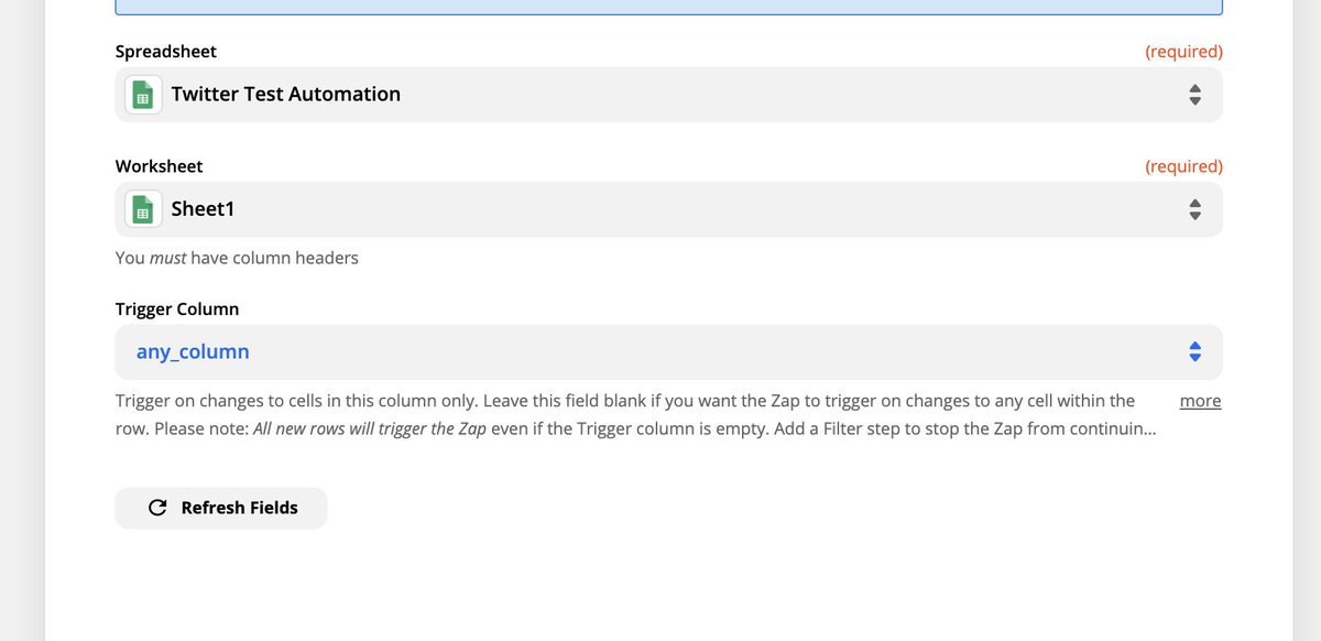  Set up your Google Sheet stepNow we can start setting up the actual Zap! Select "New or Updated Row" as the trigger Select the right Google Sheet Select the right Worksheet Set the trigger columnI usually leave the trigger as "Any Column"Then click Continue!