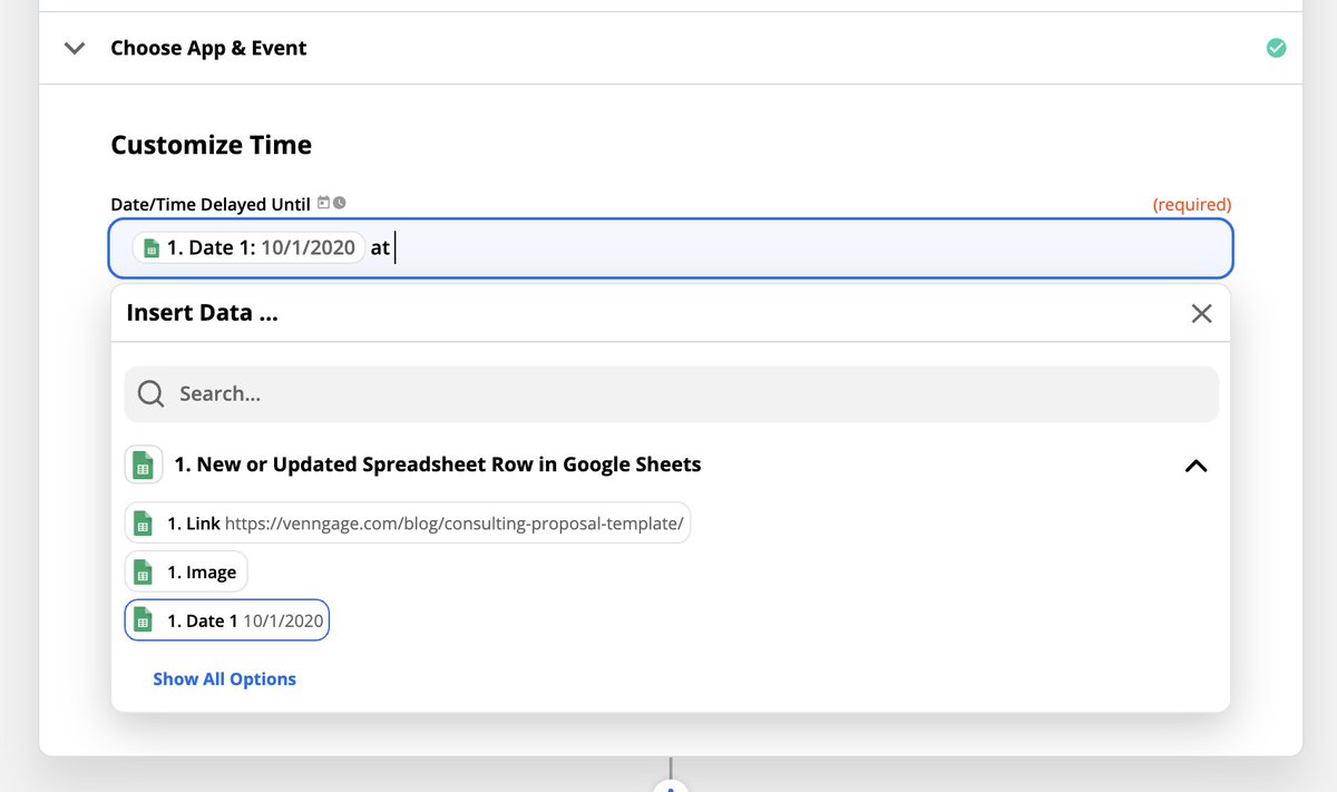  Set up the Delay stepThis step will make sure your content is shared at the right time.  Select Delay Until Add Date  Add "at"  Add Time This specific format will make sure  @zapier shares your content at the specified time, not just share it all at once.