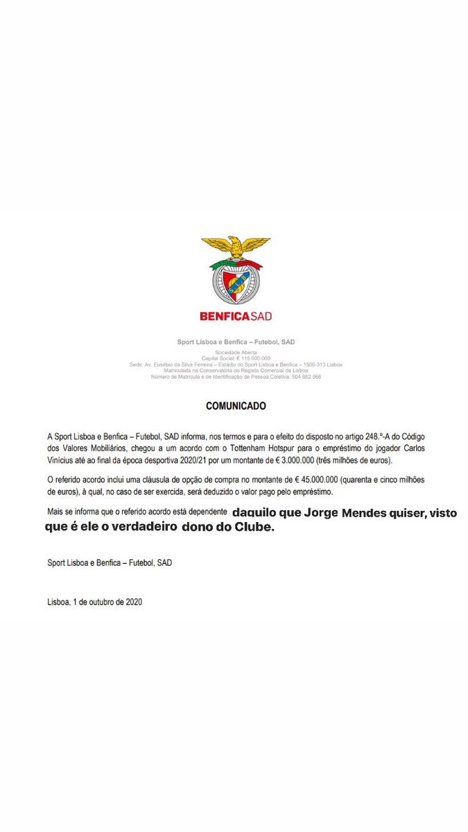 garotao1904's tweet photo. Comunicado da CMVM sobre a saída de Vinícius #OUTubro #CarrosselDoMendes #PresiMente https://t.co/GEoewYTkKe