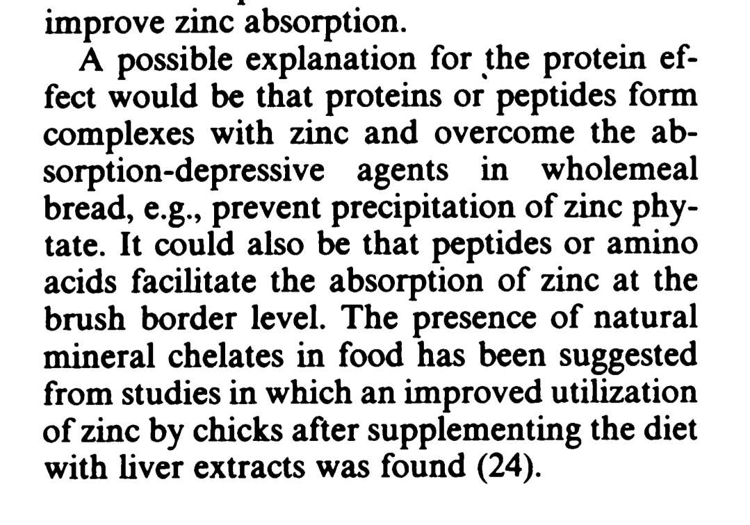 The protein seems to overcome the effects of the phytate.So rather than the phytate in wholemeal bread blocking the absorption of zinc in animal foods it actually seems that the animal foods will help you absorb a bit more of the zinc from the bread.