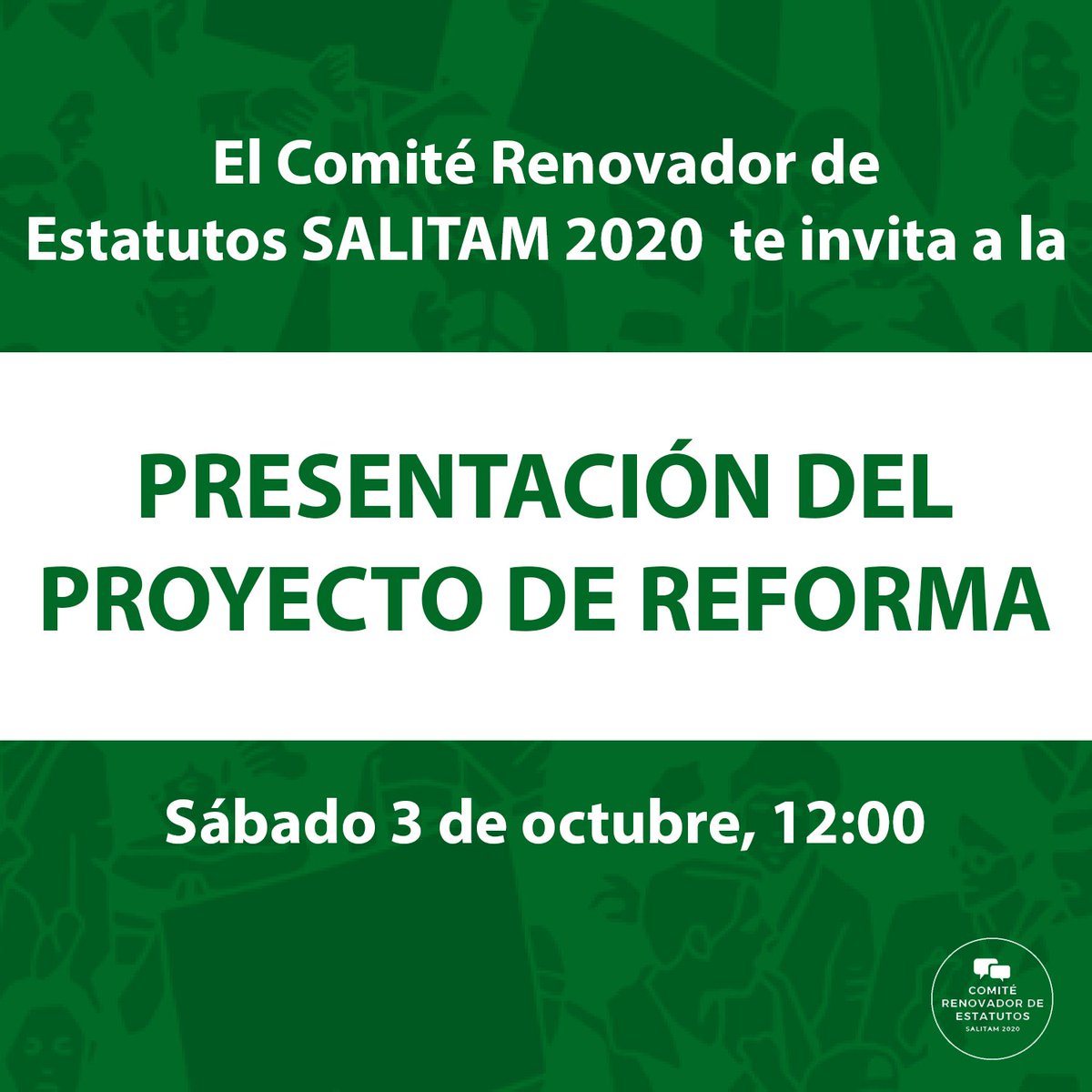 Hola! Les invitamos a unirse éste sábado 3 de octubre a las 12:00 para la presentación del Proyecto de Renovación de Estatutos. Habrá una sesión de preguntas y respuestas al final, nos interesa escucharles!