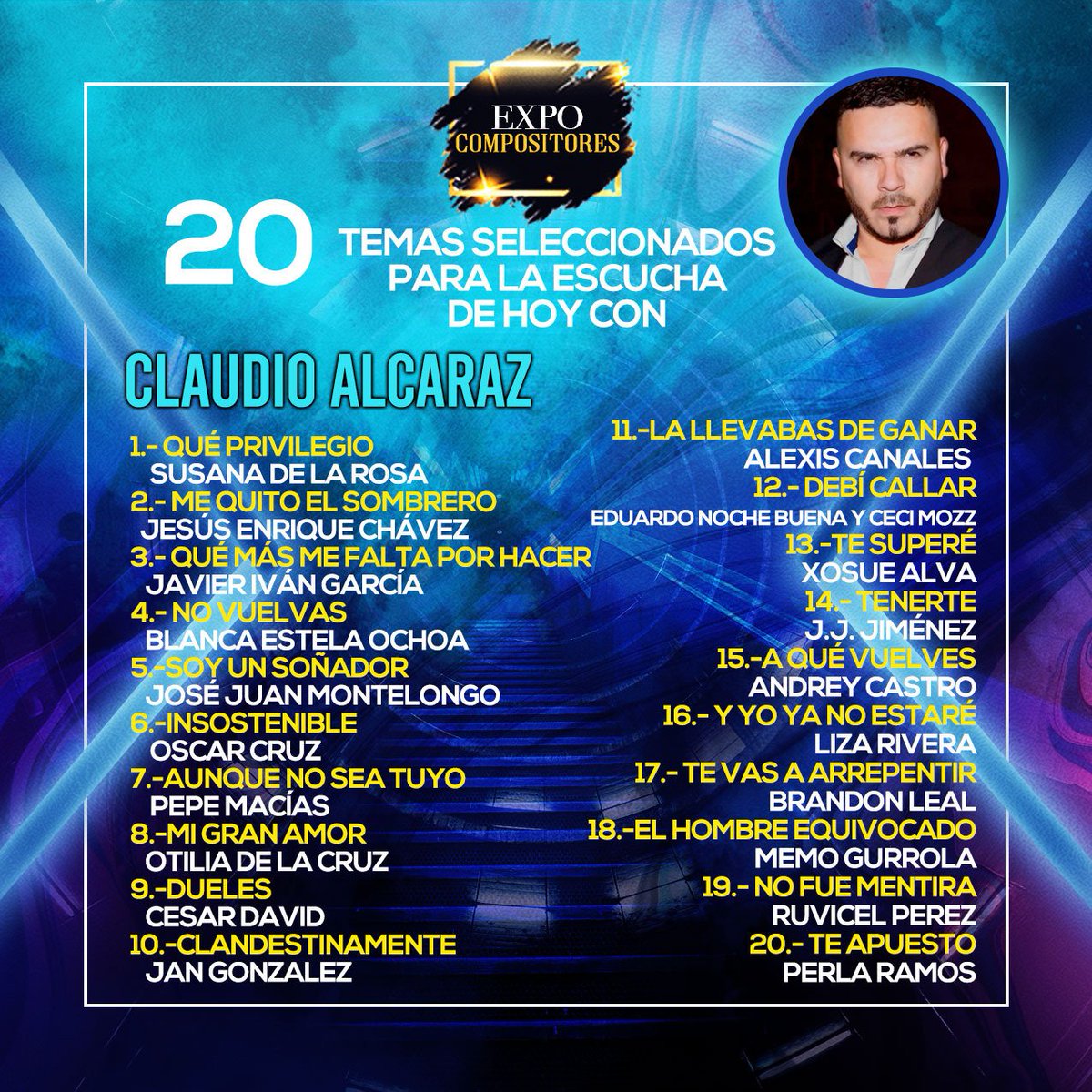 expocompositor's tweet photo. Damos a conocer la lista de 20 temas elegidos para la escucha de hoy con @claudioalcaraz a las 8PM gracias a todos por participar!
#soyexpocompositor #productor #banda #norteño #musicadebanda #soluciones #editor #zoom #exposession #seminario #taller #free #gratuito #compositor https://t.co/myFijRHBsV